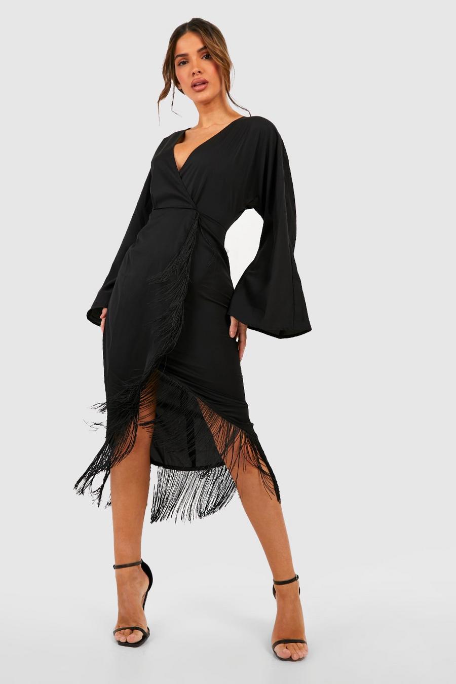 Black Tassel Hem Wrap Midi Dress  image number 1