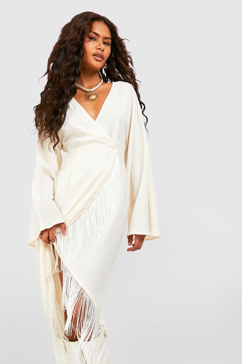 Tassel Hem Wrap Midi Dress | boohoo USA