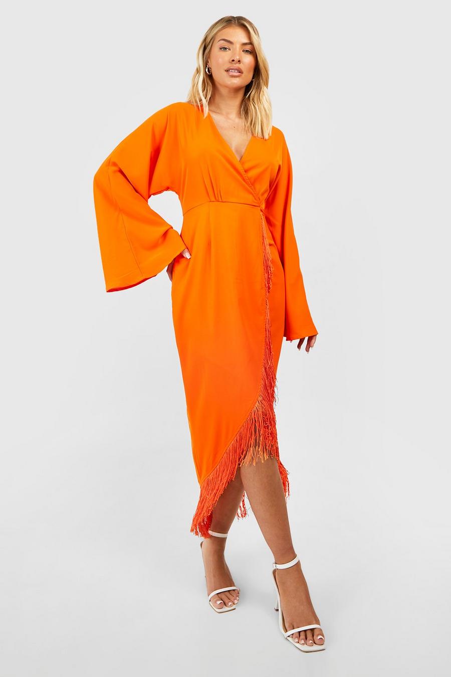 Orange Tassel Hem Wrap Midi Dress  image number 1
