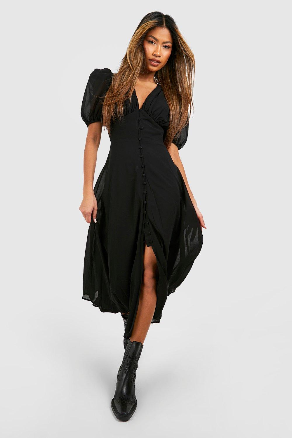 ●FOGDAWN● Mesh Layered Puff Dress (black) Womens Long Sleeve Bodycon Dress Mesh Splicing, Puff Sleeves