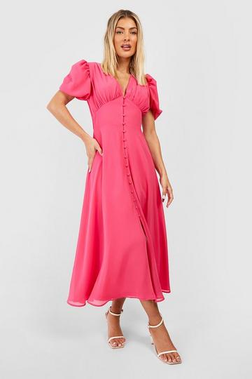 Puff Sleeve Button Through Midi Dress hot pink