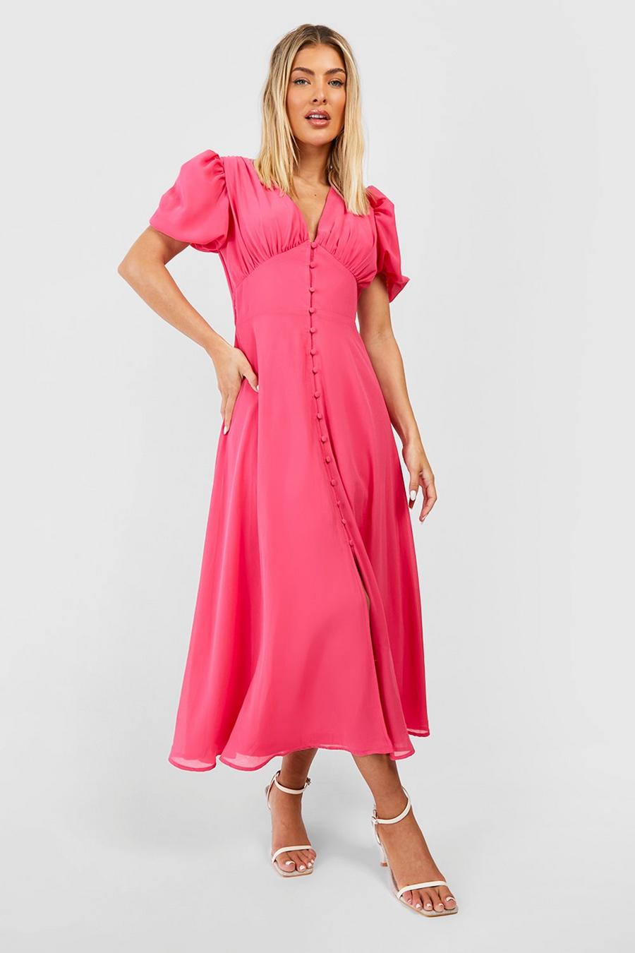 Hot pink Midiklänning med knappar och puffärm