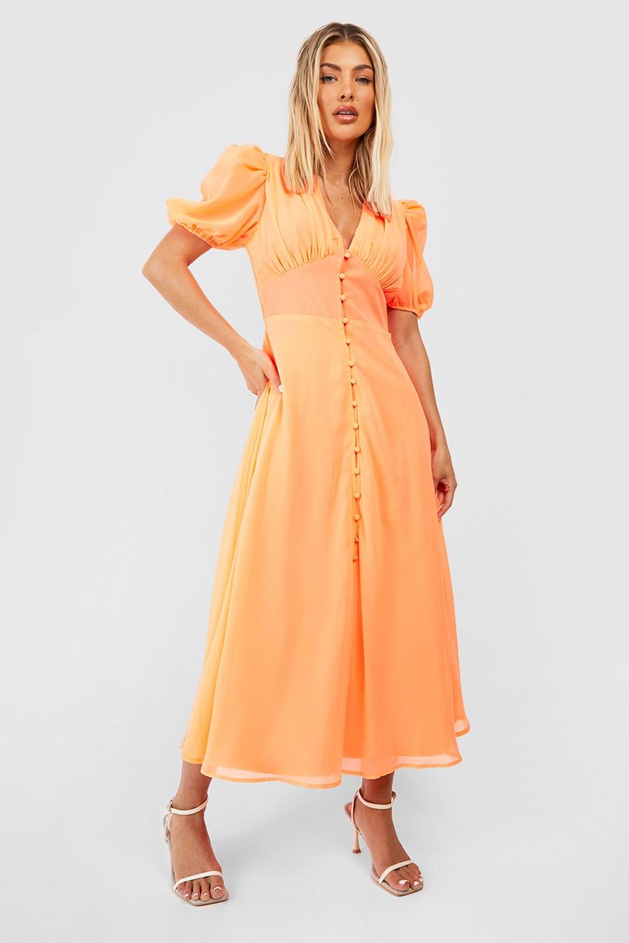 Orange Midiklänning med knappar och puffärm