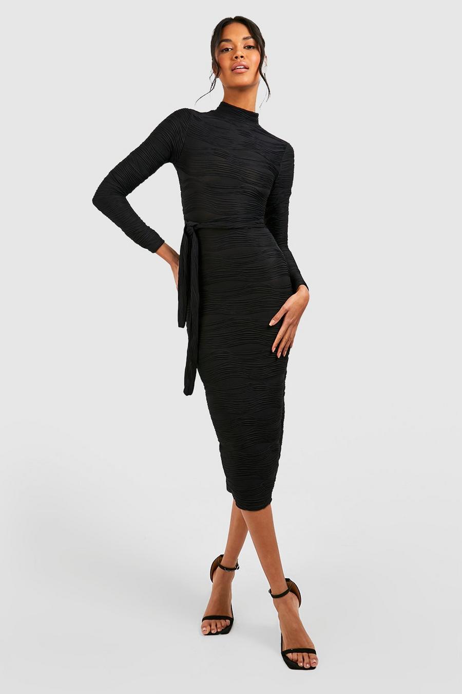 Black Textured Wave Belted Midi Dress
