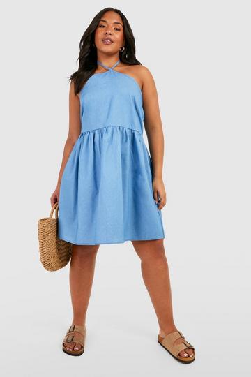 Plus Chambray Halterneck Swing Dress light blue