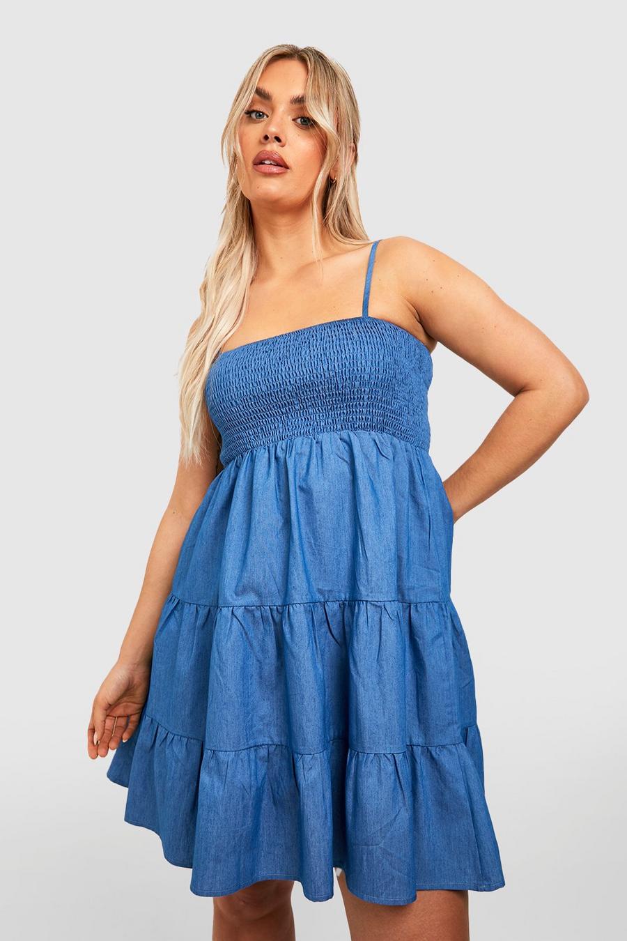 Mid blue Plus Chambray Shirred Tiered Smock Dress image number 1