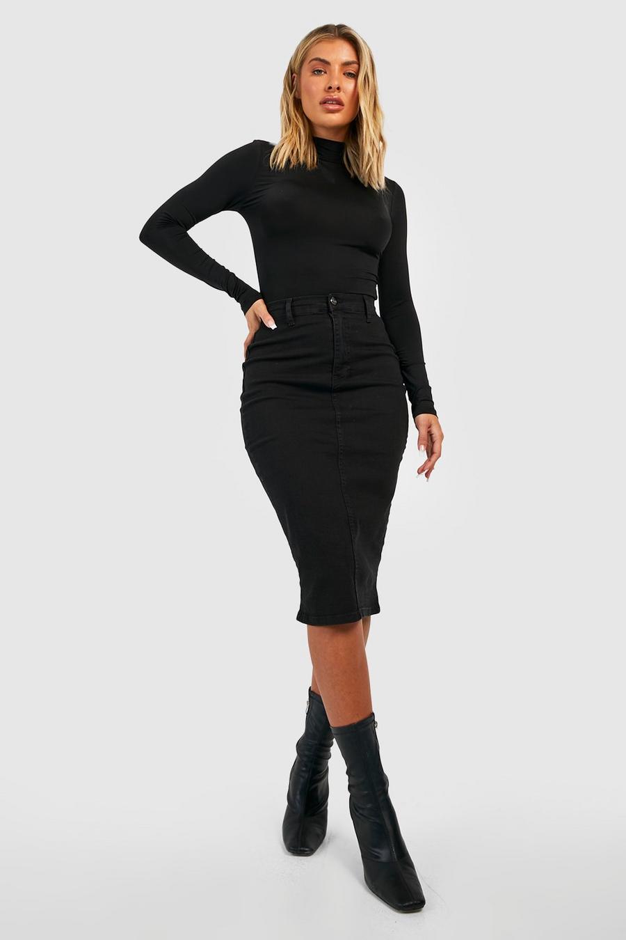 Black High Waisted Stretch Denim Midi Skirt