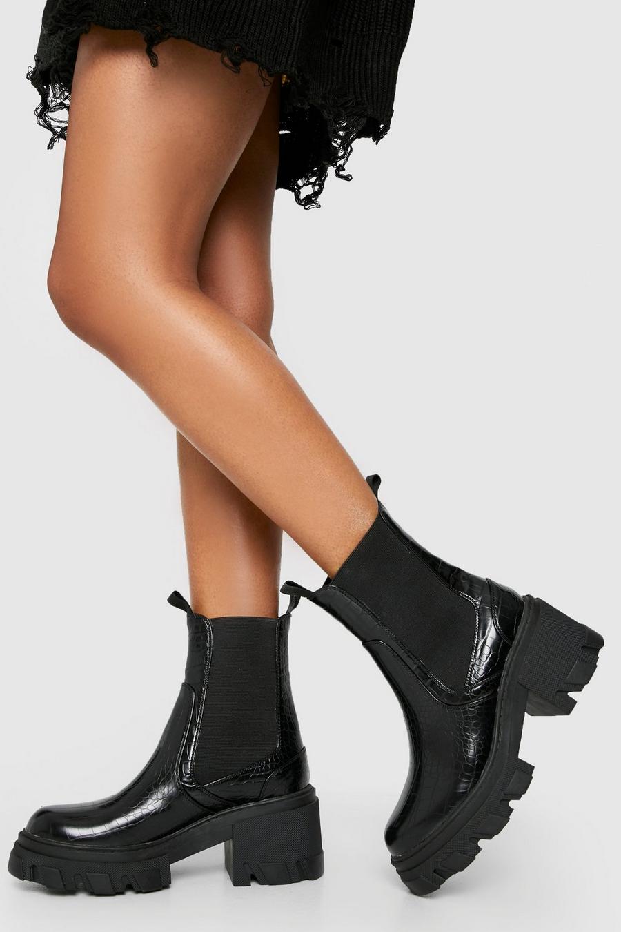 Black Chunky Heeled Croc Chelsea Boots image number 1