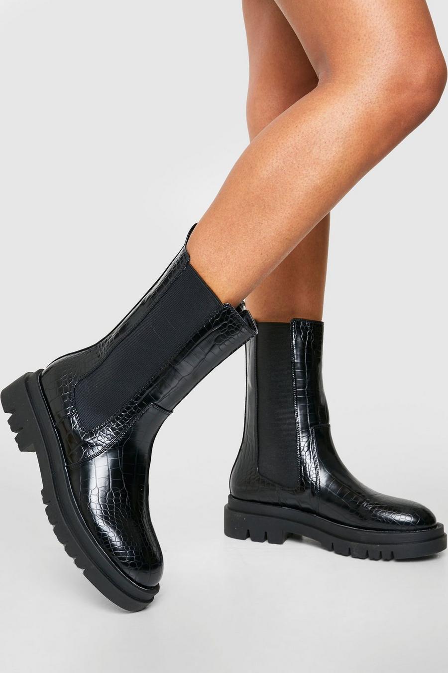 Black svart Croc Calf High Chunky Sole Chelsea Boots