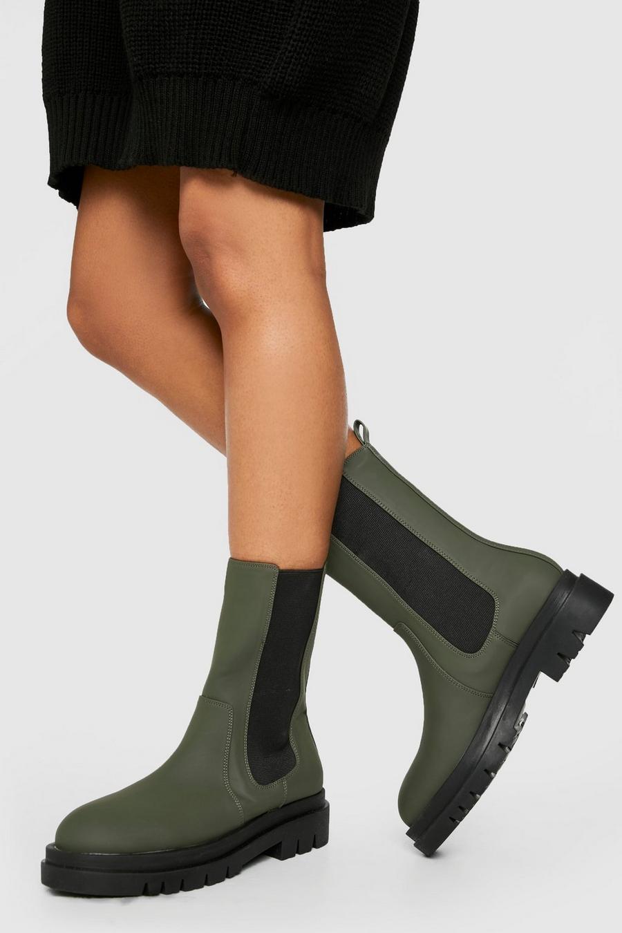 Khaki Rubber Calf High Chunky Sole Chelsea Boots image number 1