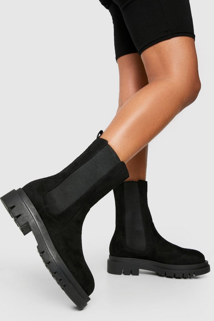 Black Wide Fit Calf High Chunky Sole Chelsea Boots image number 1