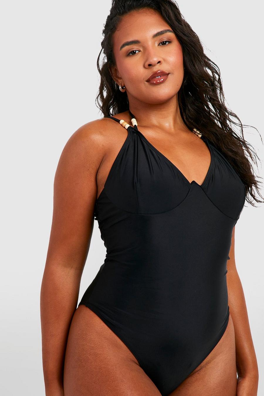Black Plus Wooden Bead Strap Detail Underwired Swimsuit image number 1