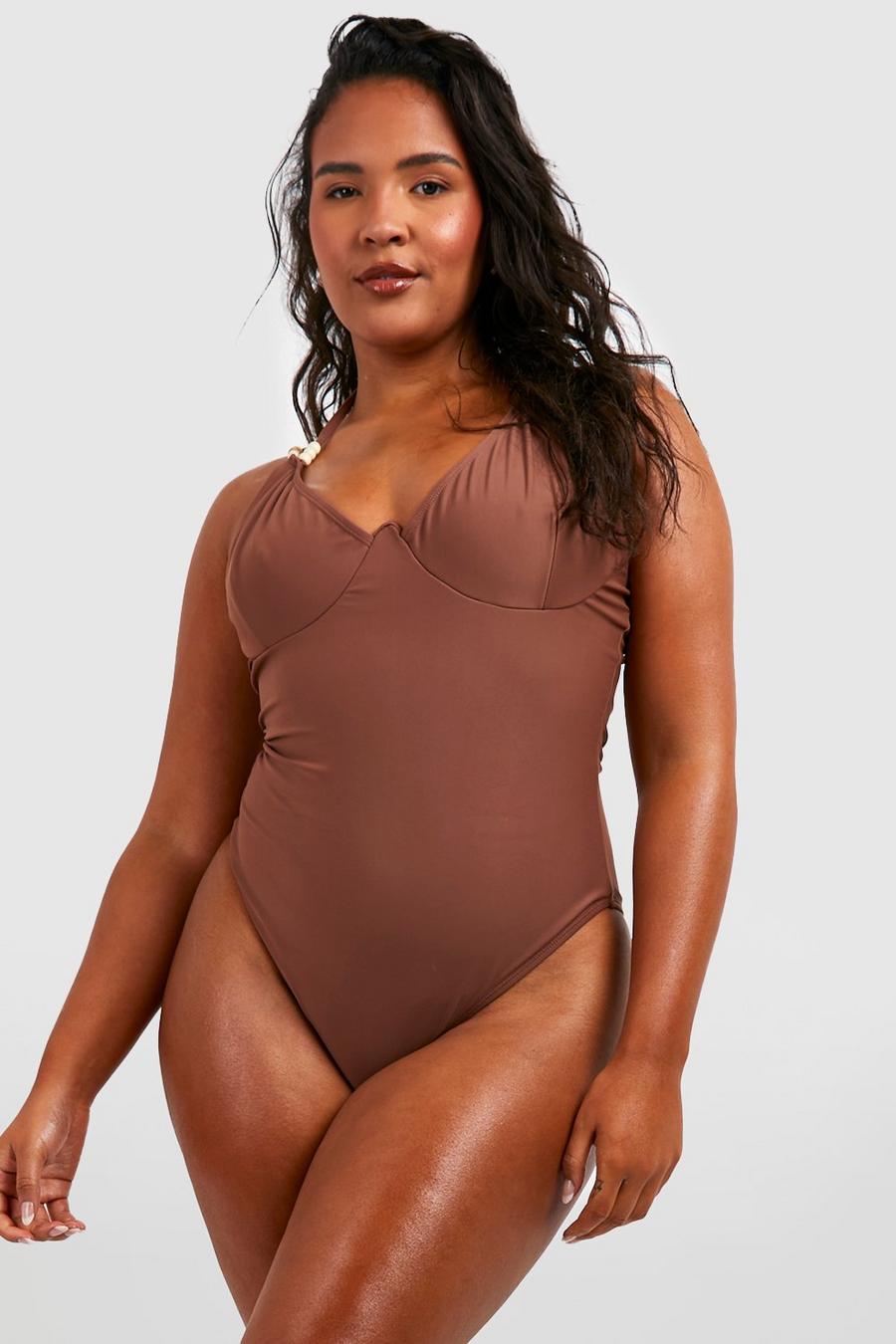 Chocolate Plus Wooden Bead Strap Detail Underwired Swimsuit image number 1