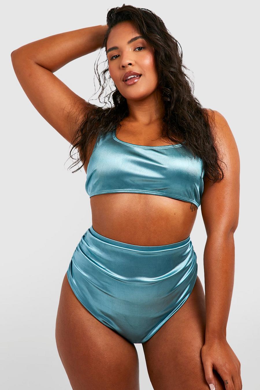 Teal green Plus Satin Ruched High Waisted Bikini Brief image number 1