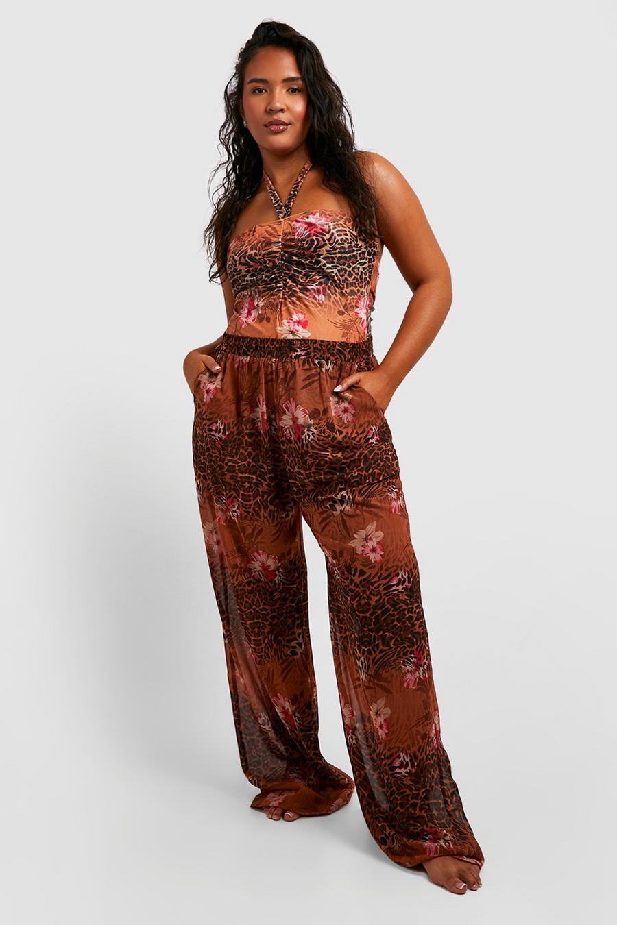 Brown Plus Tropical Leopard Printed Chiffon Beach Trousers image number 1