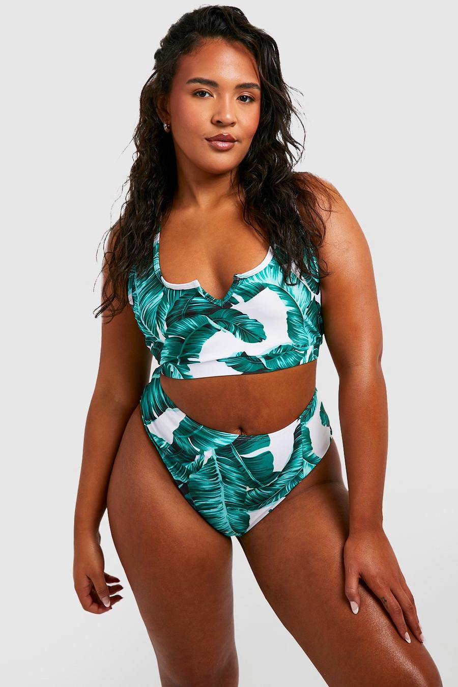 Top bikini Plus Size Essentials con stampa di foglie e intaglio sullo scollo, White image number 1