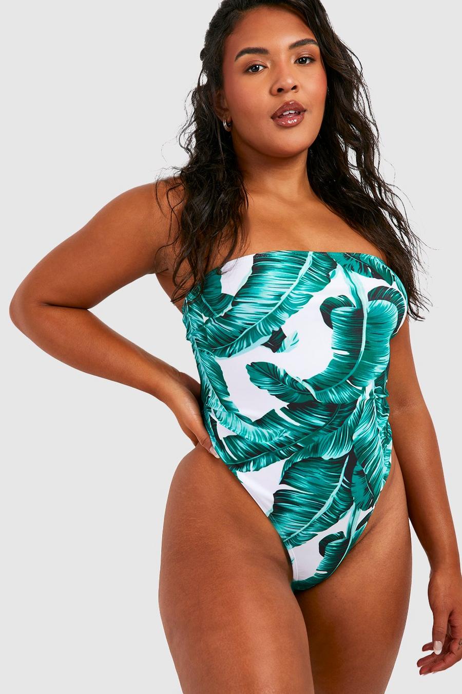 Plus Essentials Leaf Print Bandeau Swimsuit
