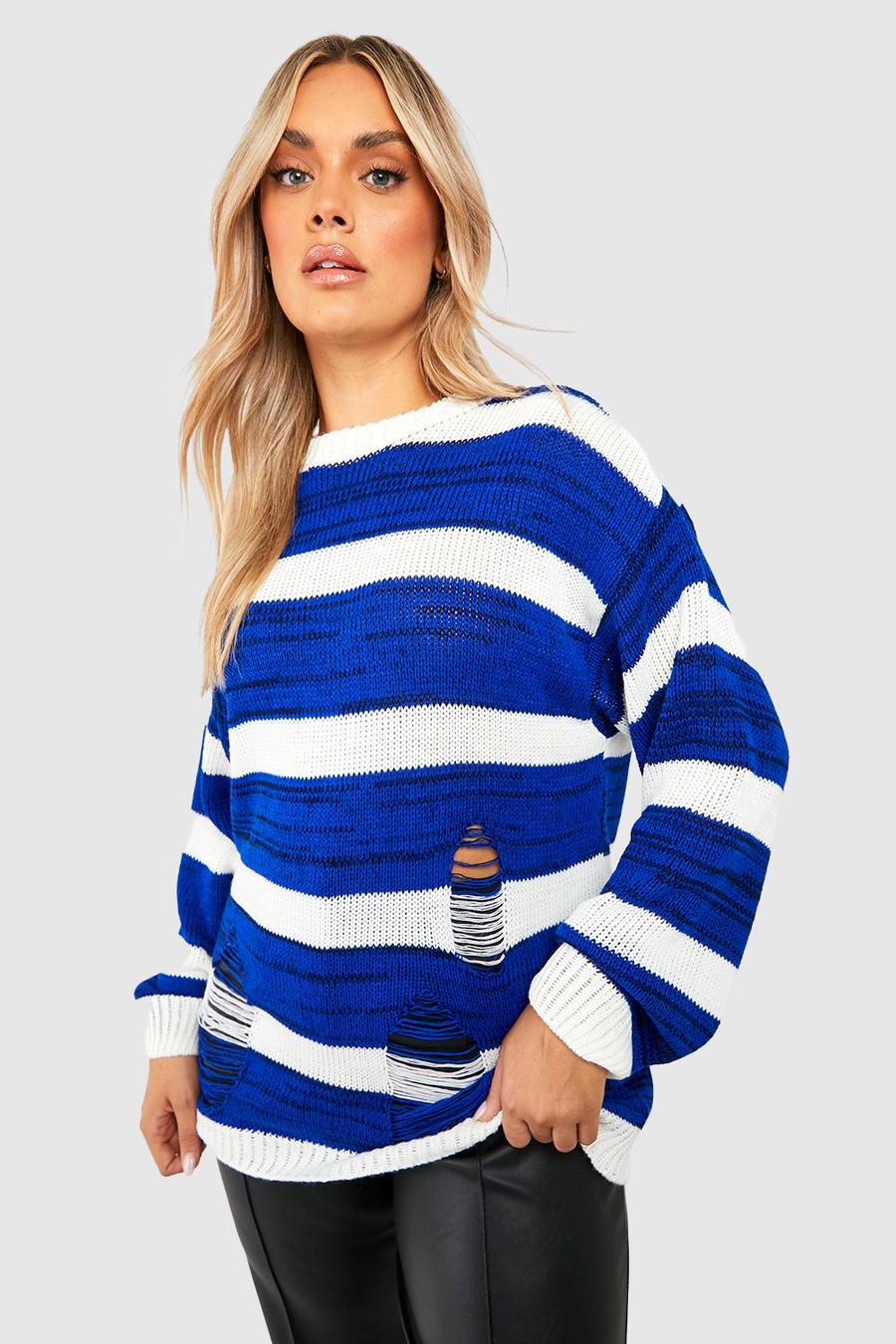 Pullover Plus Size oversize in mélange a righe a effetto smagliato, Cobalt image number 1