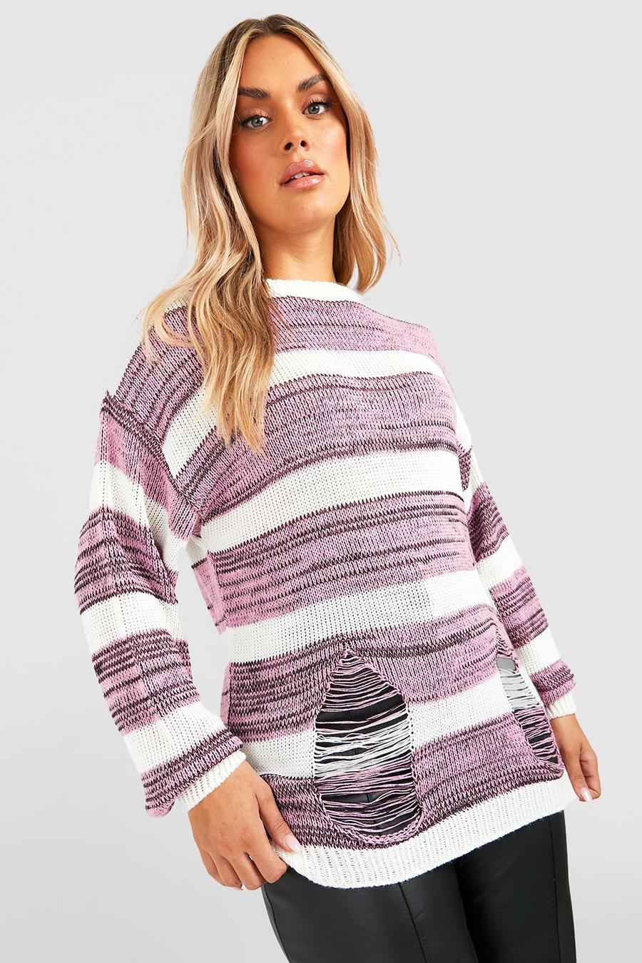 Pink Plus Oversized Marl Laddered Stripe Sweater image number 1