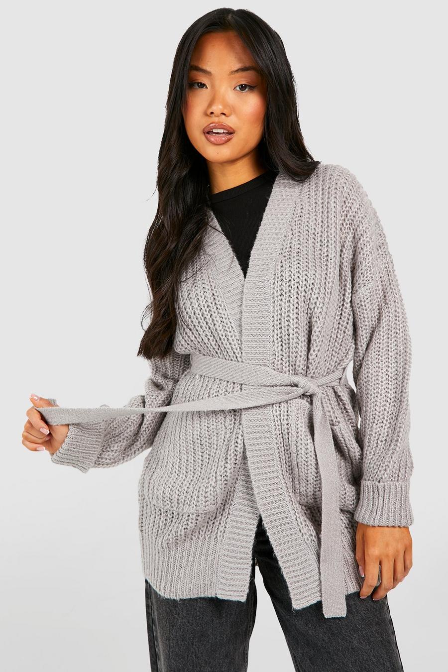 Grey Petite Knitted Belted Cardigan  image number 1