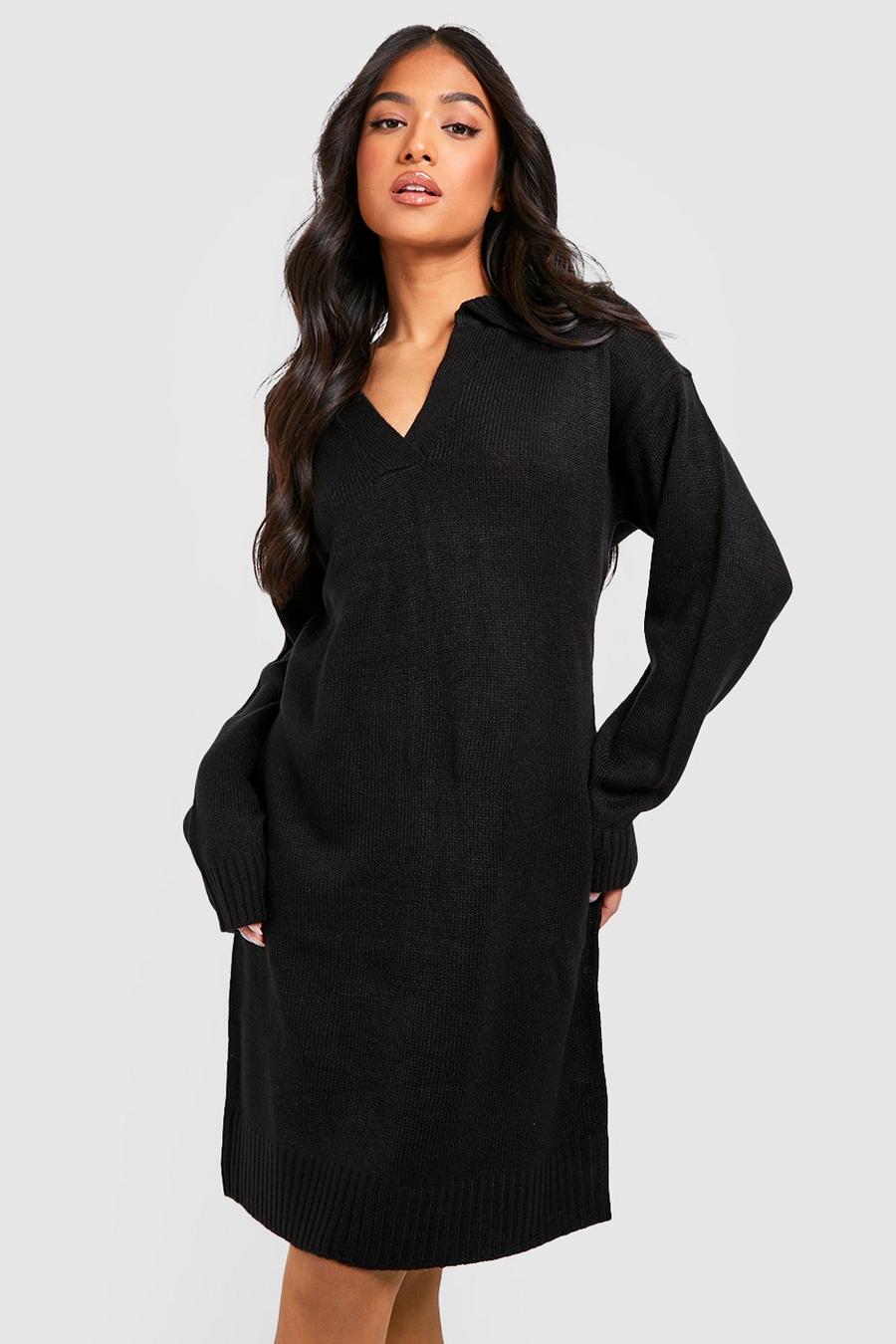 Black Petite Knitted Collared Jumper Dress
