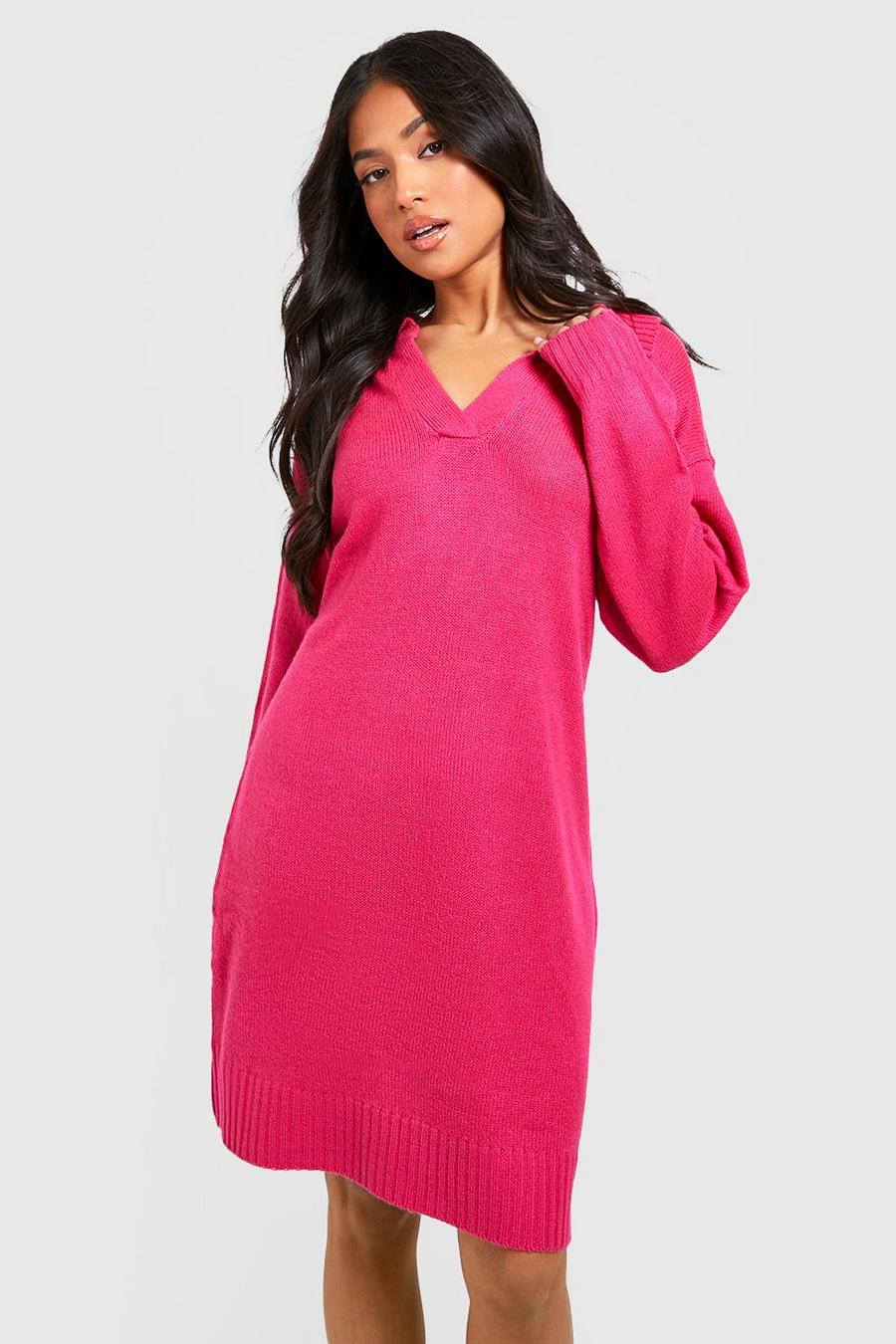 Pink Petite Knitted Collared Jumper Dress 