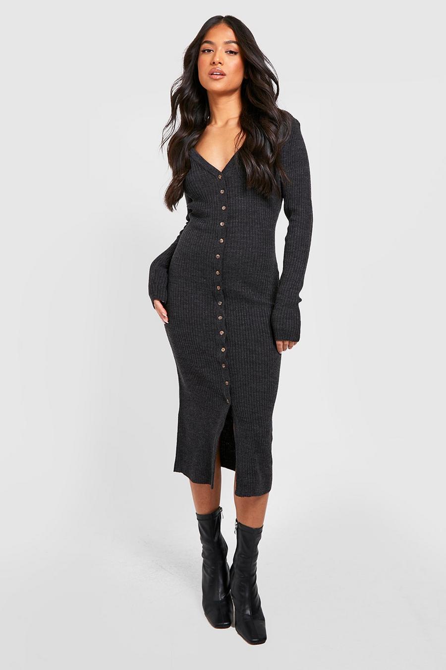Charcoal Petite Knitted Rib Button Midi Dress image number 1