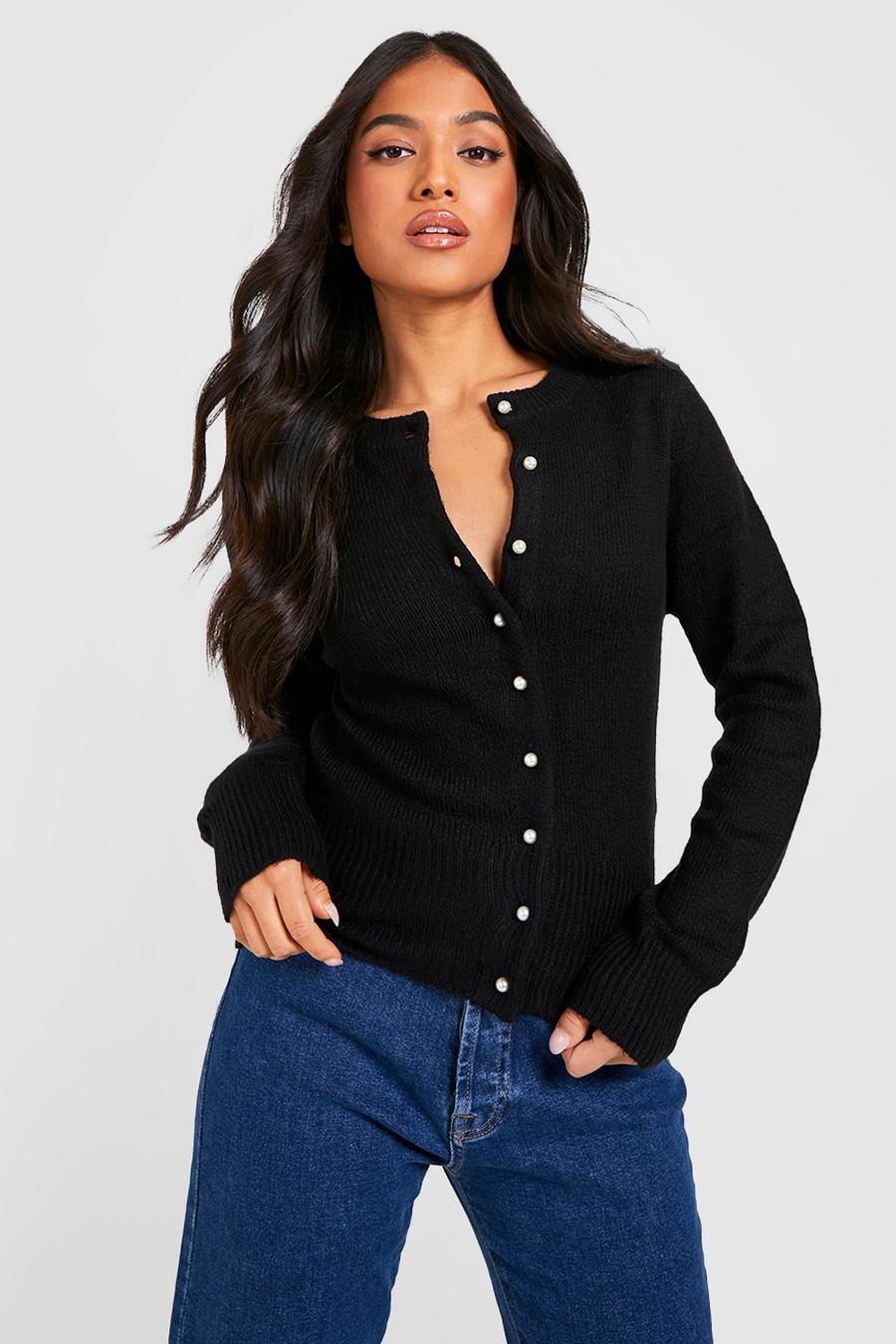 Black Petite Knitted Rib Pearl Button Cropped Cardigan image number 1