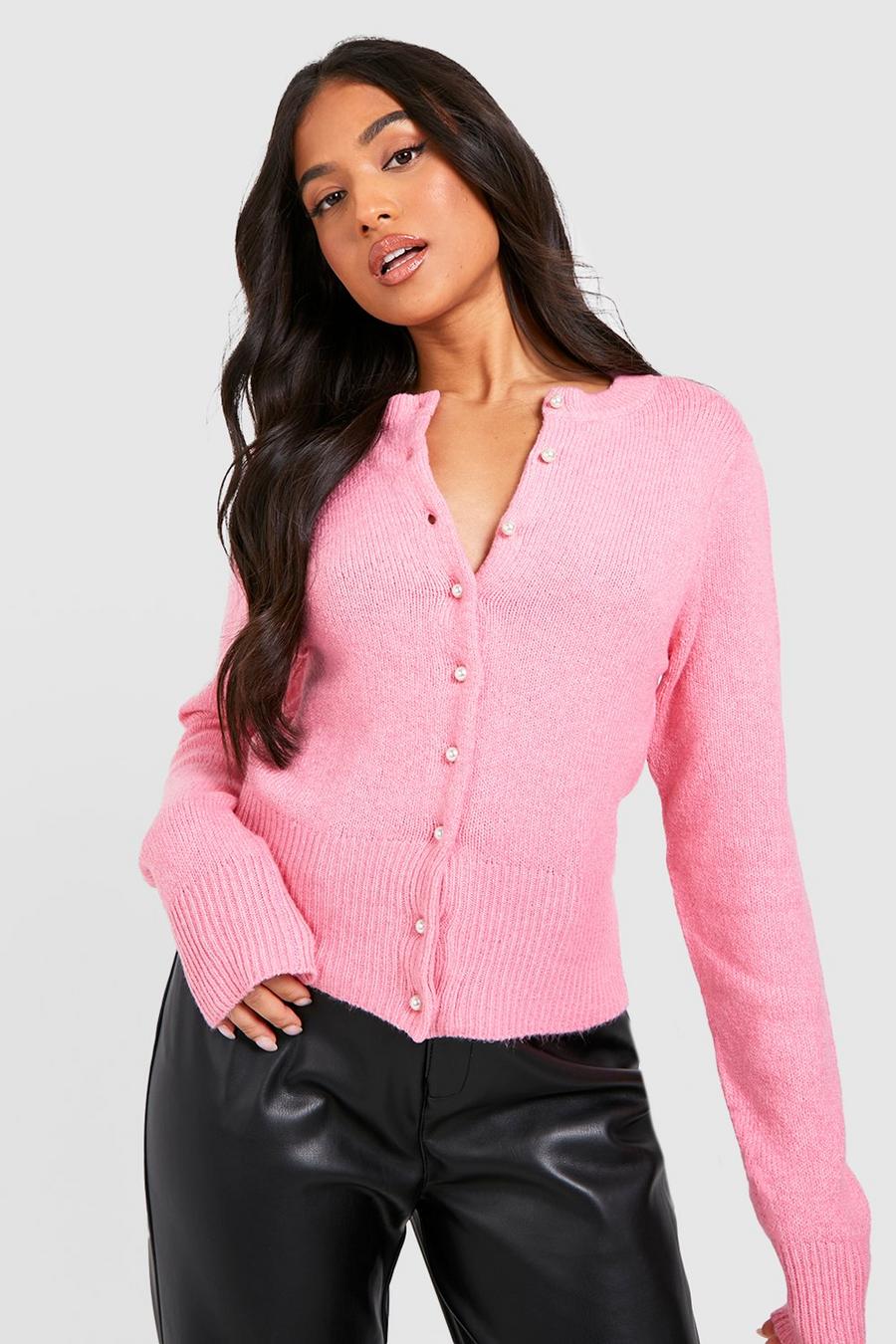 Pink Petite Knitted Rib Pearl Button Cropped Cardigan   image number 1