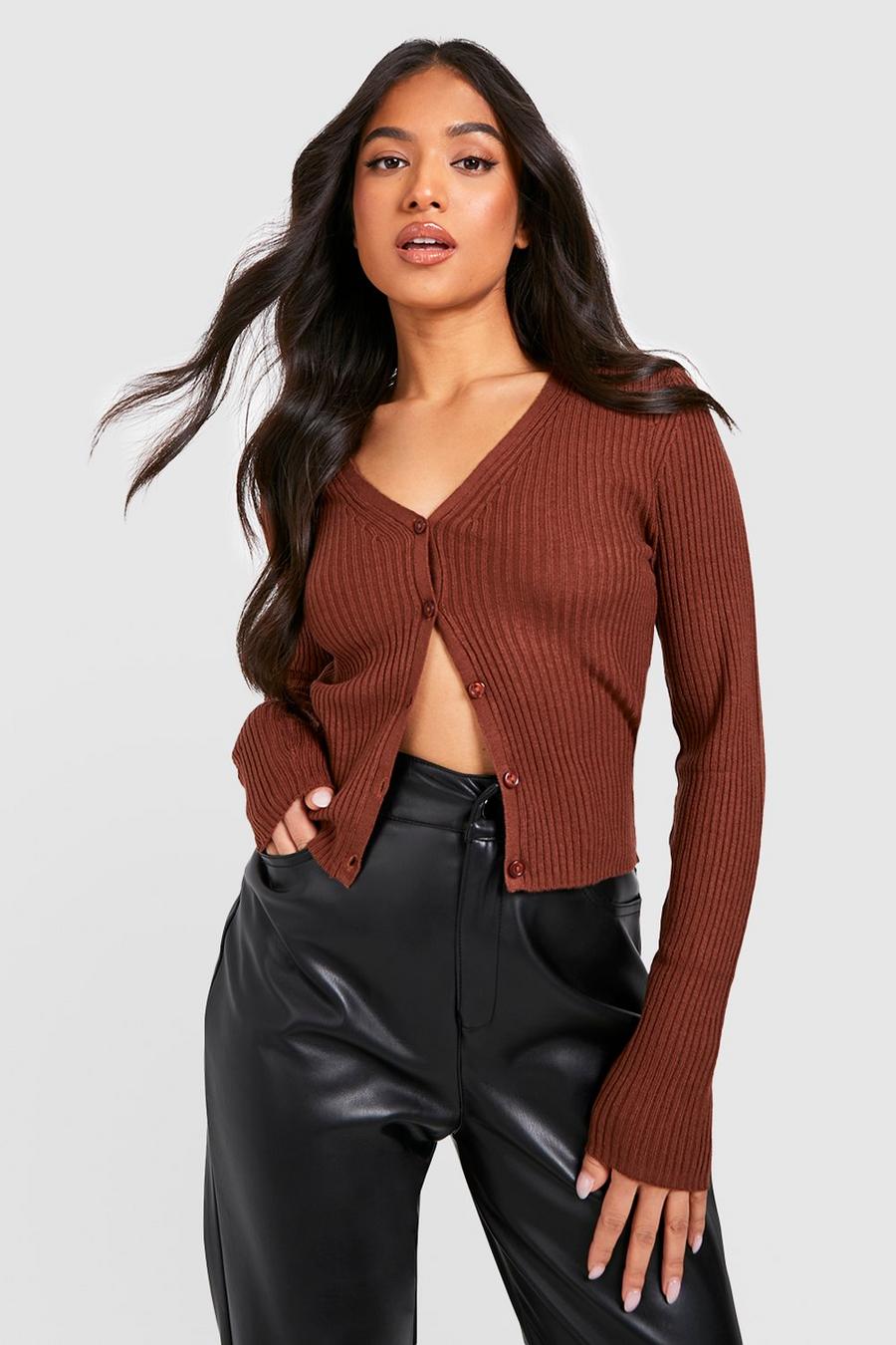 Chocolate Petite Knitted Rib Buttoned Cropped Cardigan image number 1