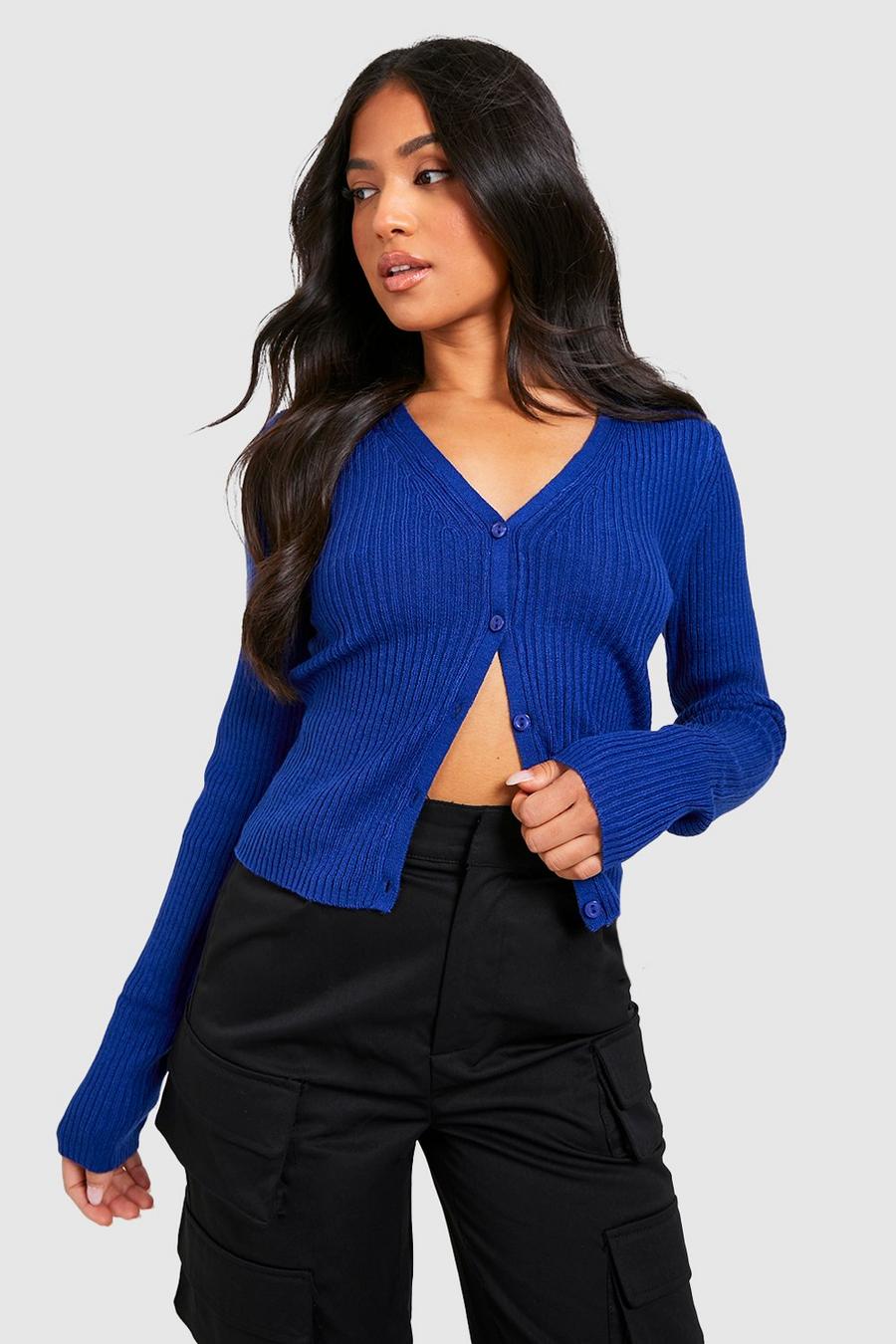 Cobalt blue Petite Knitted Rib Buttoned Cropped Cardigan 