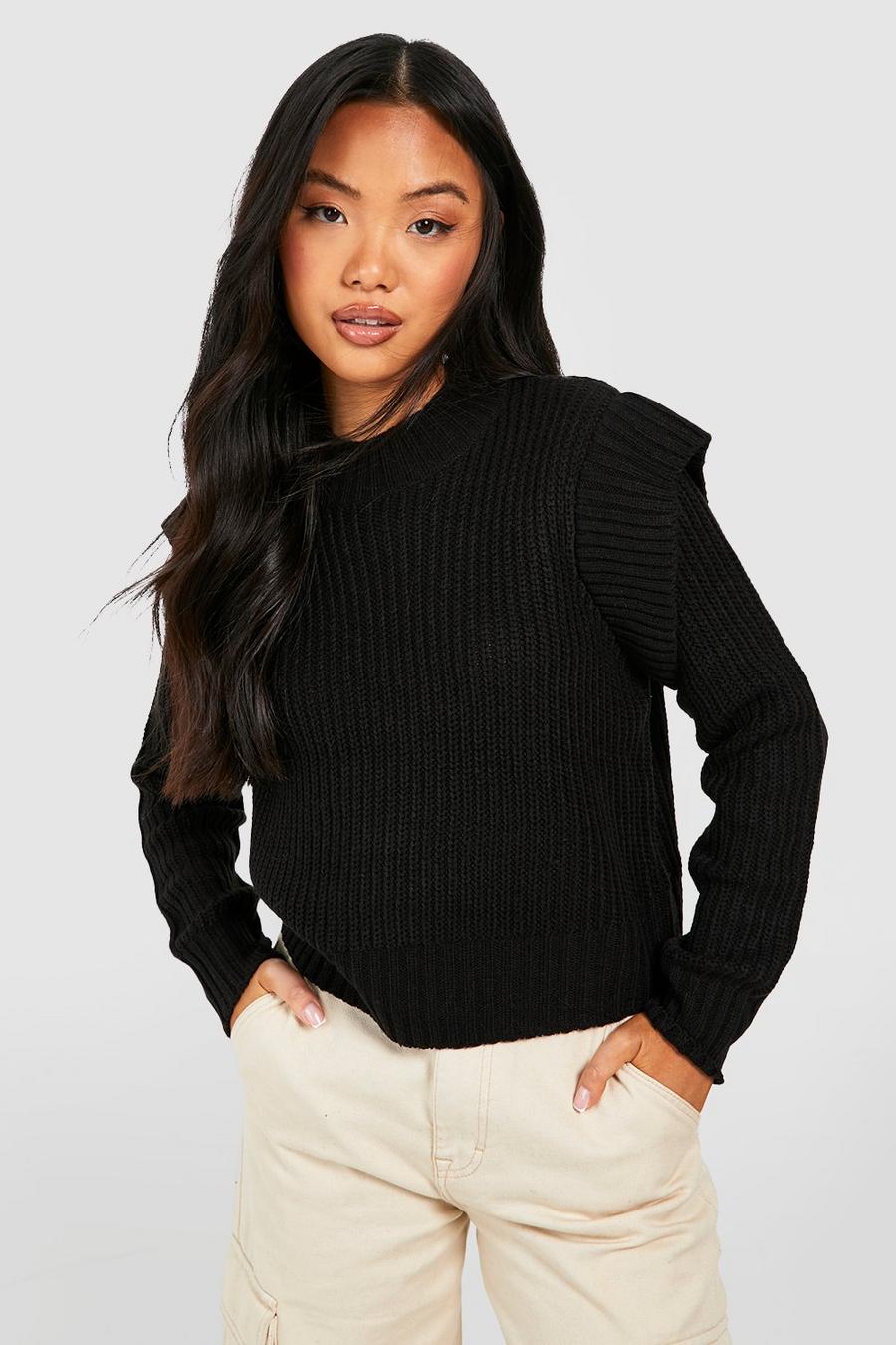 Black Petite Knitted Shoulder Trim Boxy Sweater image number 1