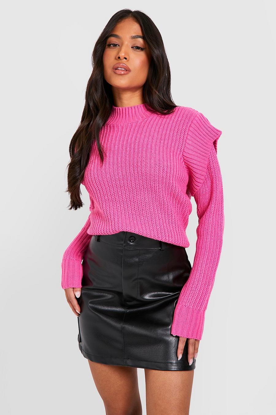 Pink Petite Knitted Shoulder Trim Boxy Jumper  image number 1