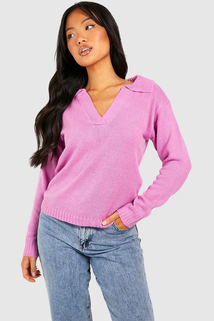 Rose pink Petite Knitted Collared V Neck Sweater image number 1