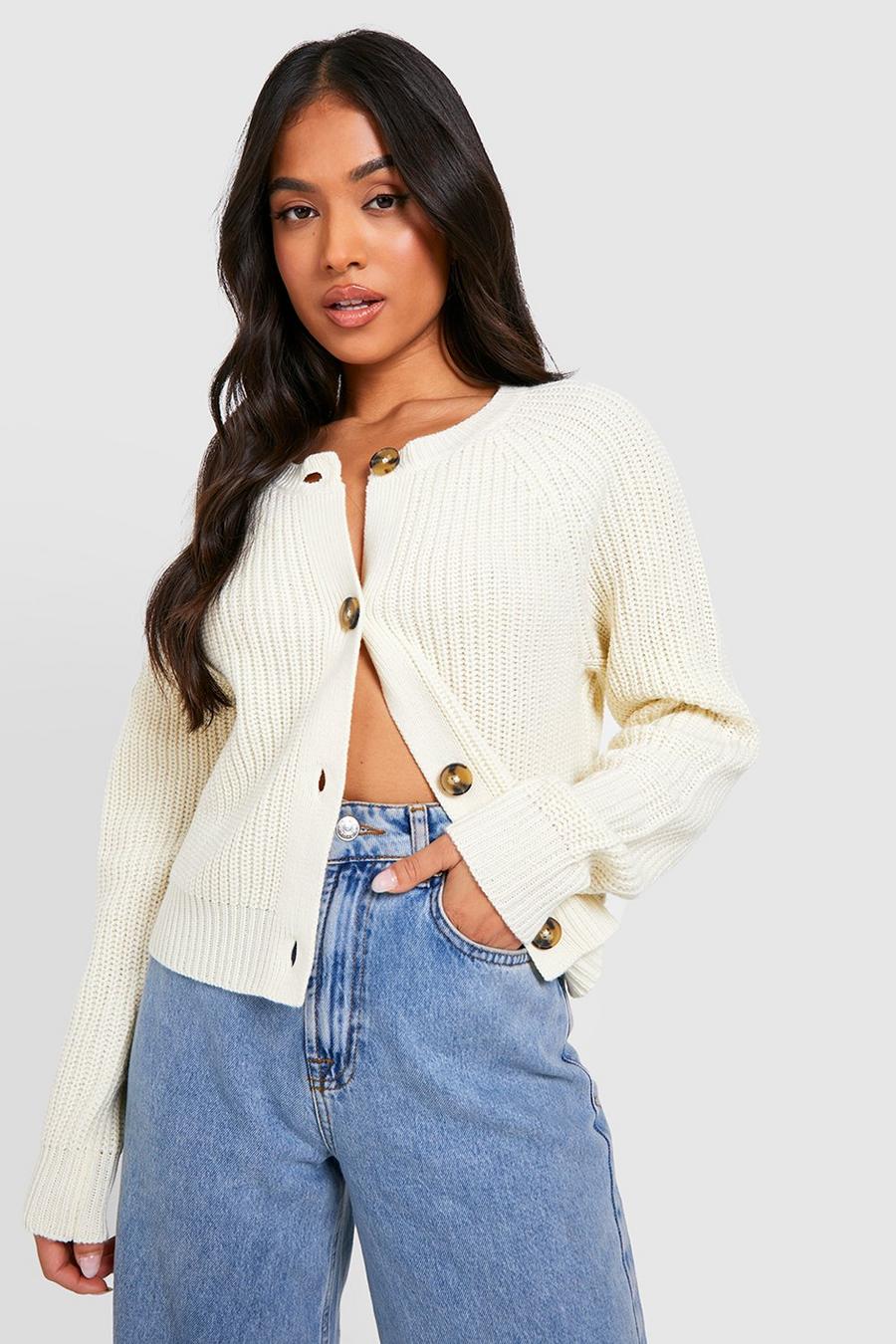 Cream Petite Knitted Fisherman Cropped Cardigan image number 1