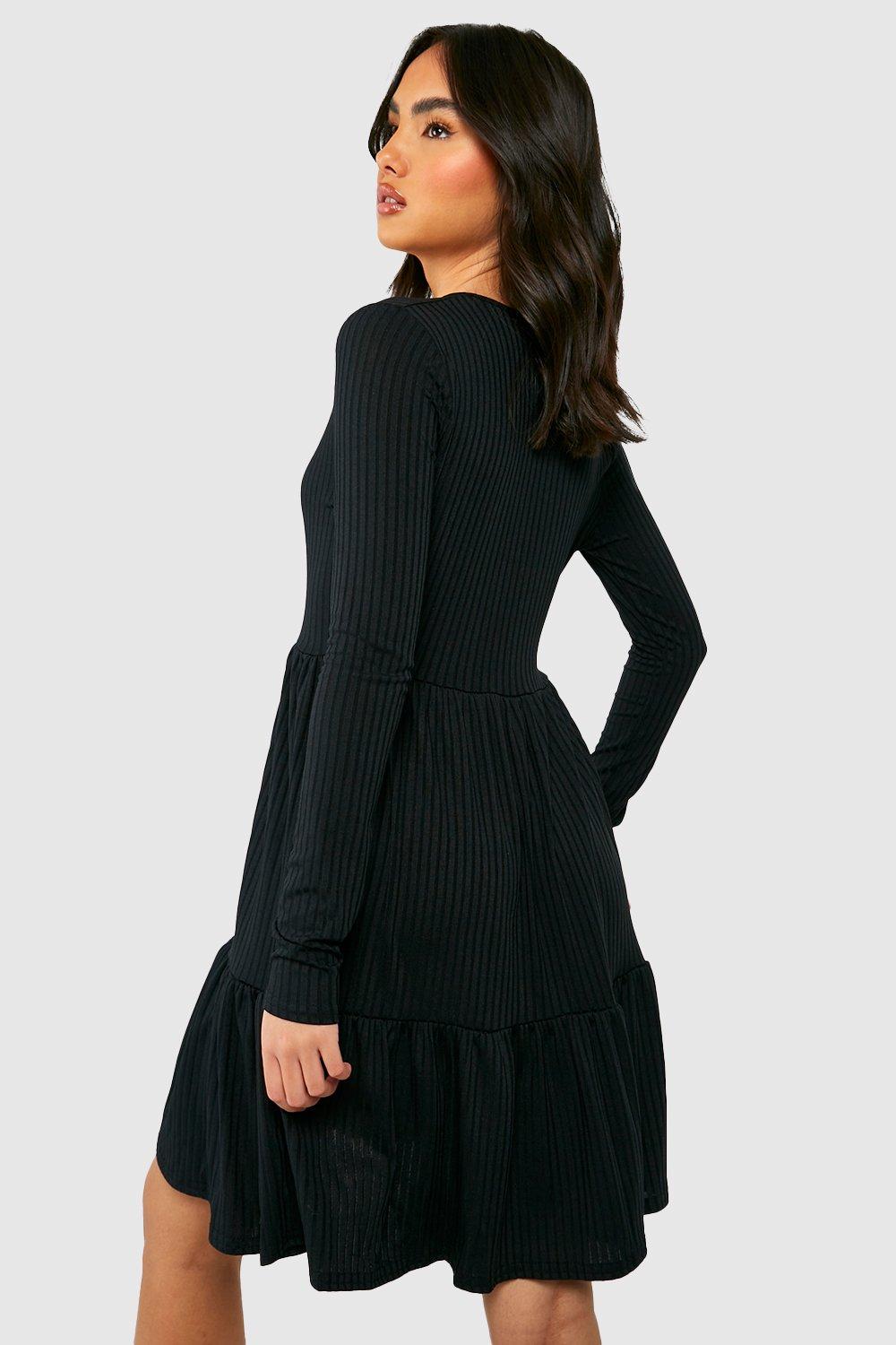 Black Jersey Wrap Long Sleeve Skater Dress