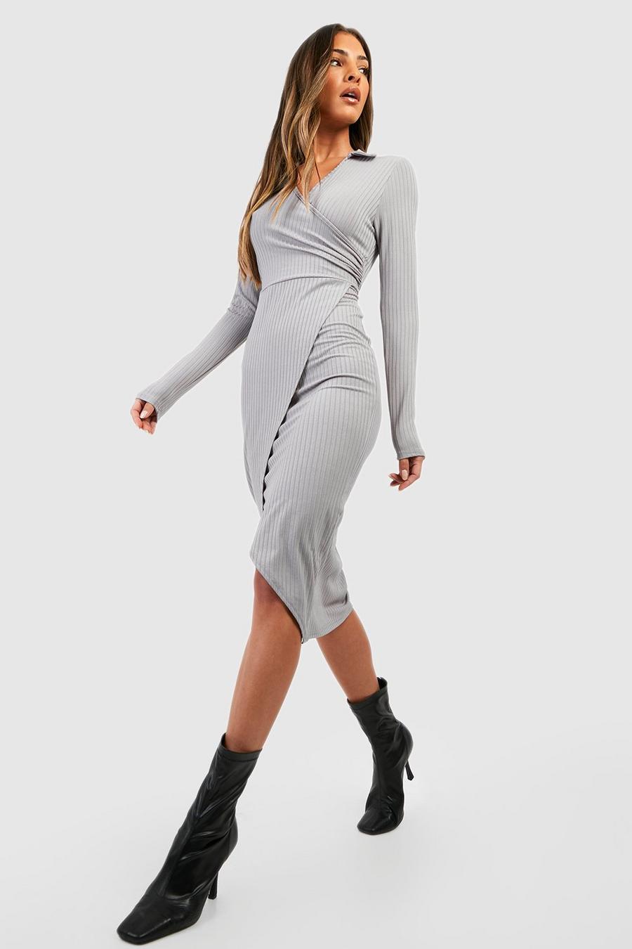 Grey Ribbed Wrap Midi Dress image number 1