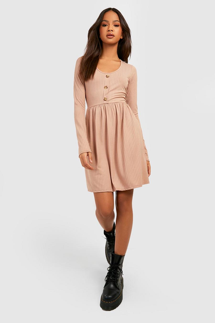 Taupe Soft Rib Button Smock Dress image number 1