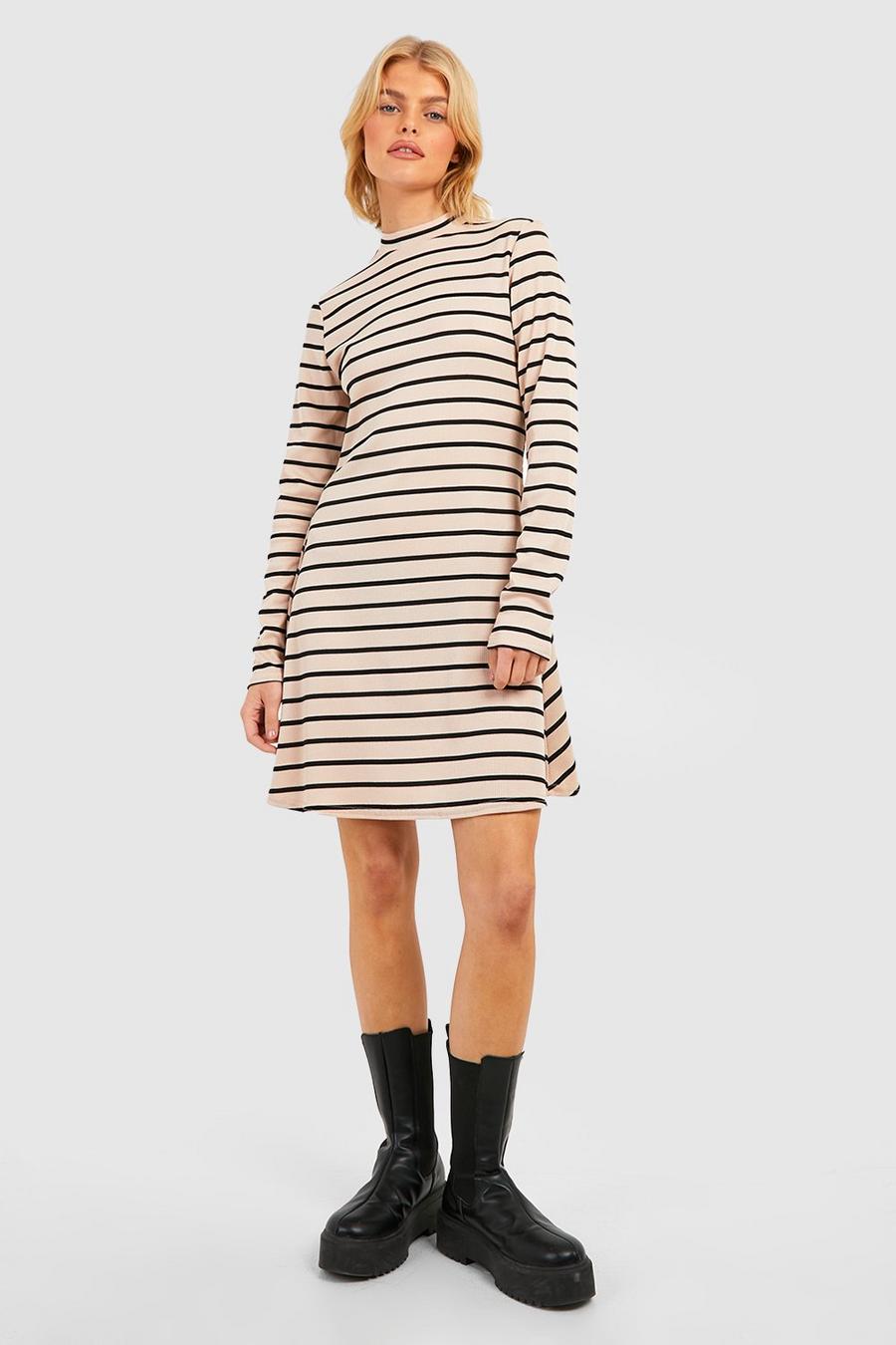 Stone Knitted Rib High Neck Stripe Swing Dress image number 1