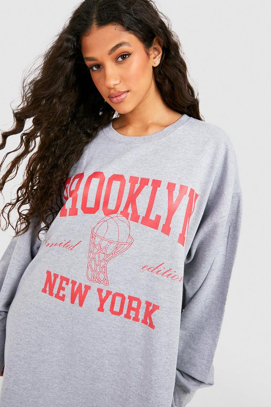 Sweatshirt-Kleid mit Brooklyn New York Print, Grey marl gris