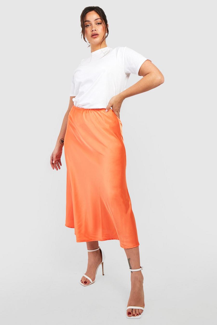 Orange Plus Satin Slip Midi Skirt