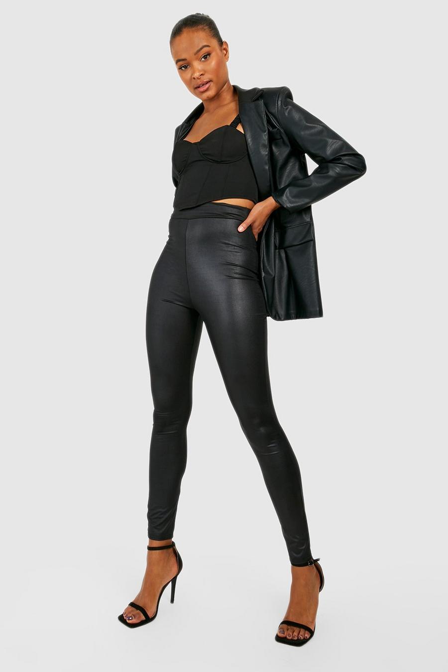 Black svart Tall Waist Cinching Leather Look Leggings image number 1