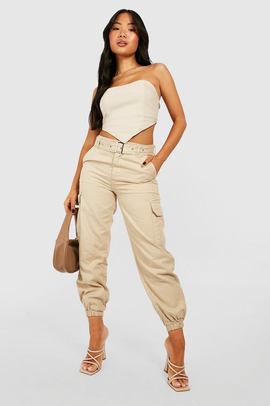 Stone beis Petite Eyelet Belted Cargo Cuffed Jogger  image number 1