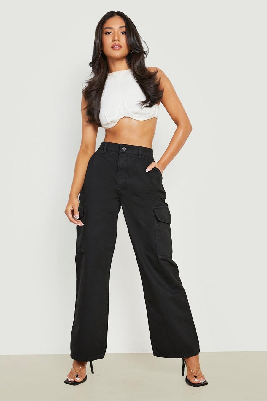 Black Petite Wide Leg Relaxed Cargo Pants image number 1
