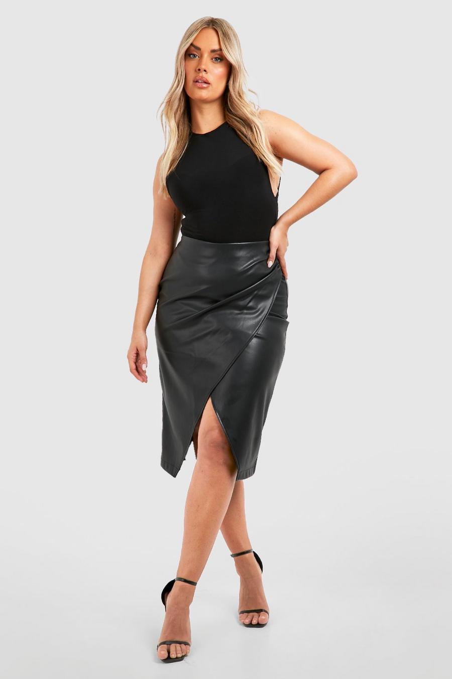 Black Plus Faux Leather Ruched Wrap Midi Skirt image number 1