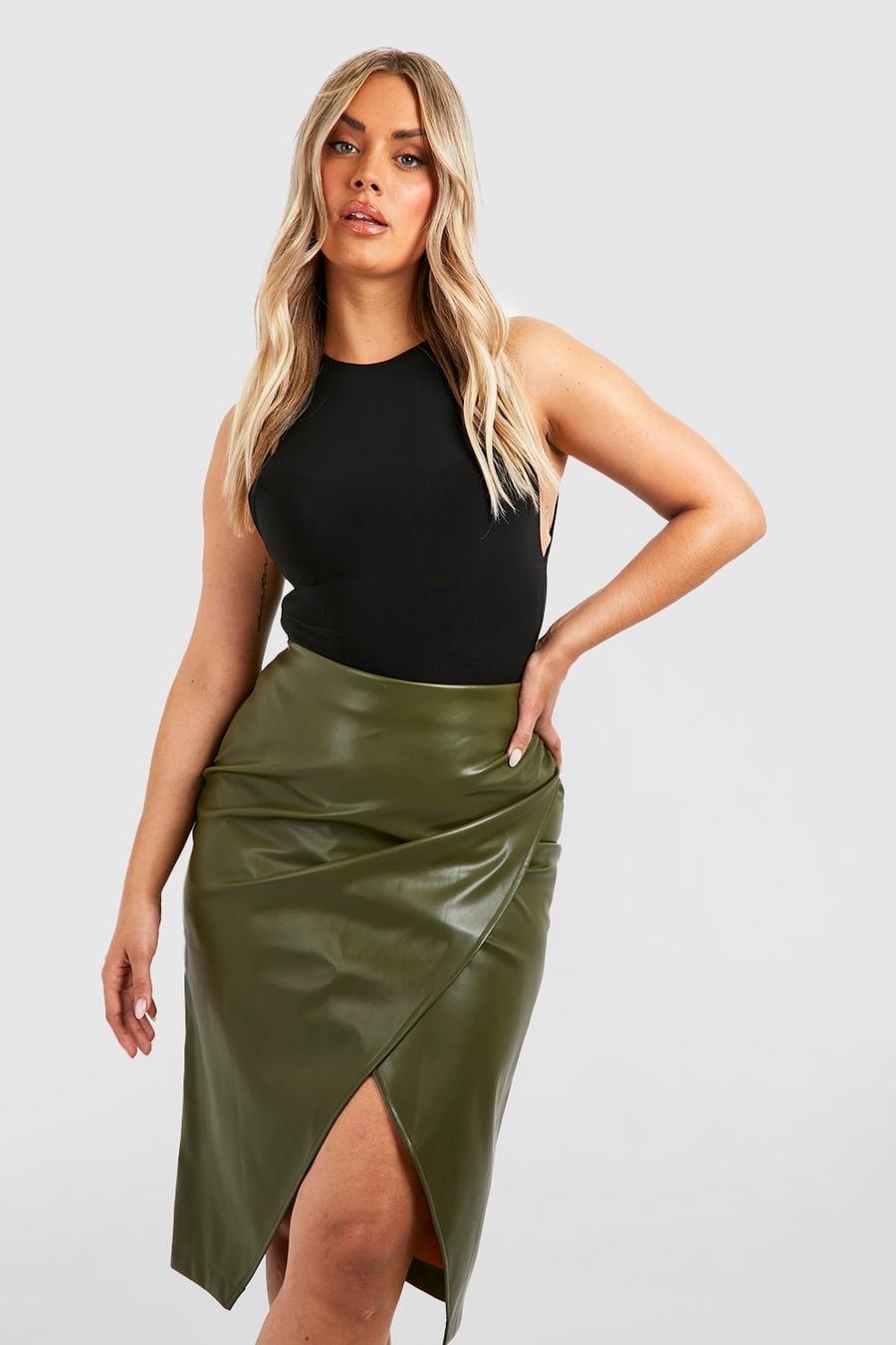 Khaki Plus Faux Leather Ruched Wrap Midi Skirt