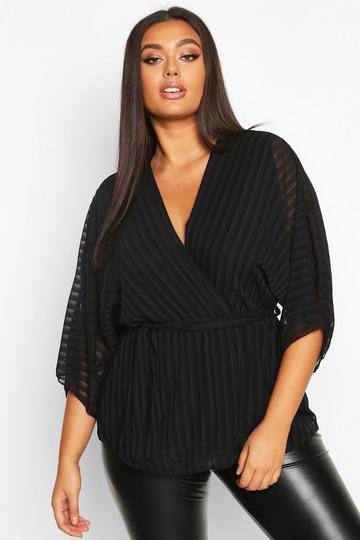 Black Plus Stripe Kimono Sleeve Peplum Wrap Tie Blouse