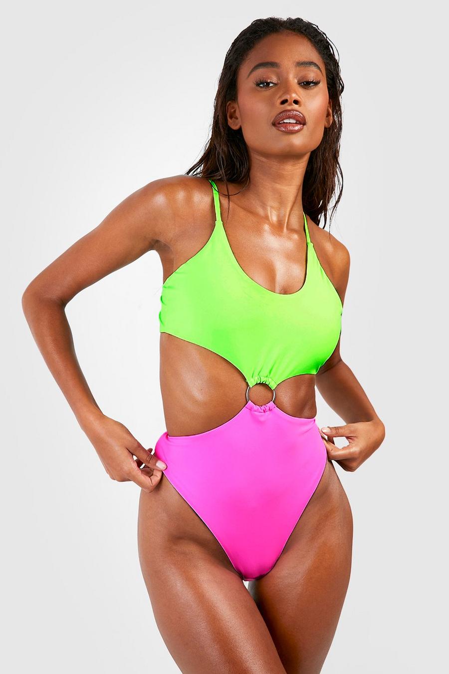 Neon-pink Neon Color Block O-Ring One Shoulder Swimsuit image number 1