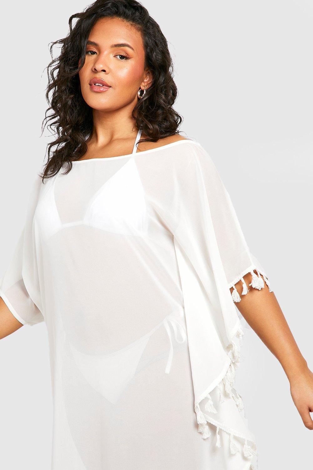 Grande taille Tunique de plage asym trique pompons boohoo