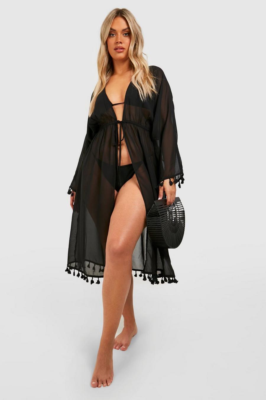 Kimono Plus para la playa con flecos en el filo, Black negro